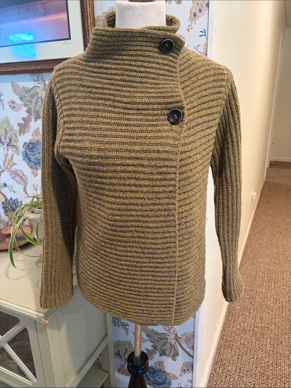 Fisherman Out of Ireland Wool Cashmere Ribbed Funnel Neck Cardigan